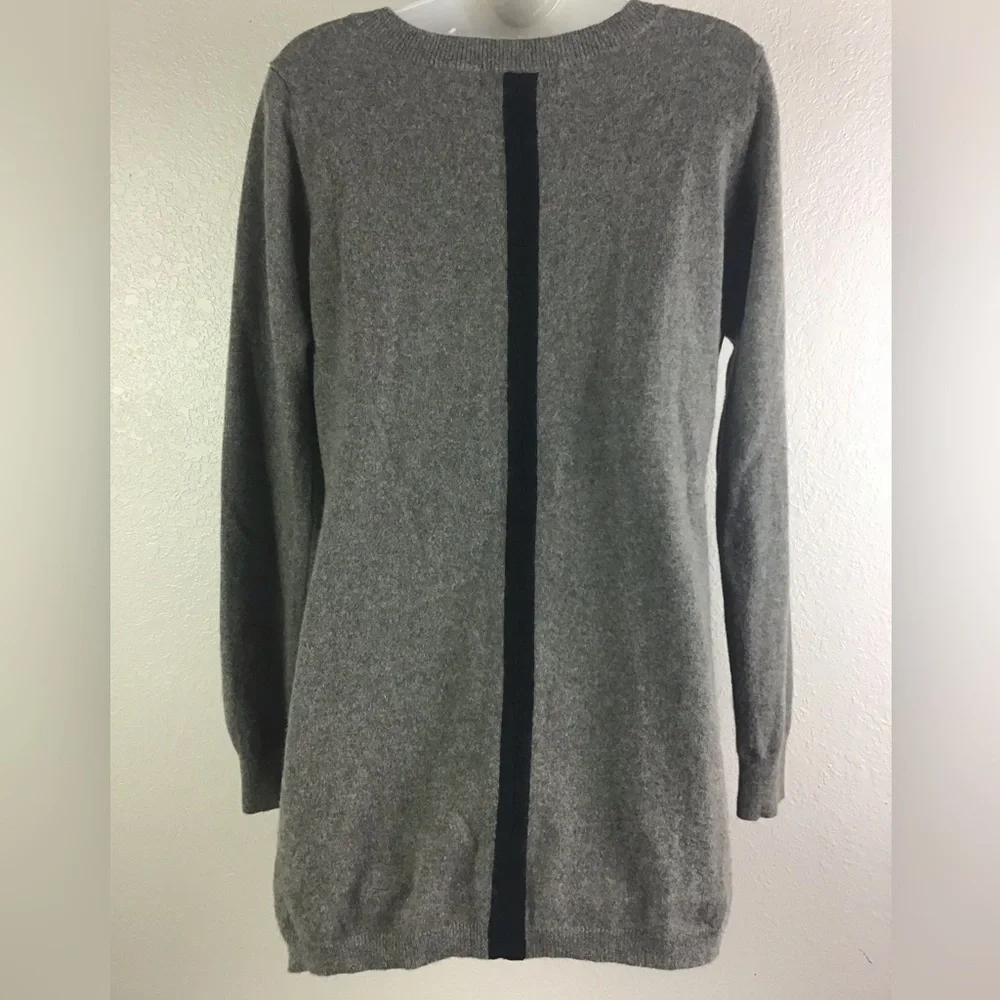 Ply Cashmere Women’s XL Crew Neck Gray Tunic Sweater Black Stripe on Back